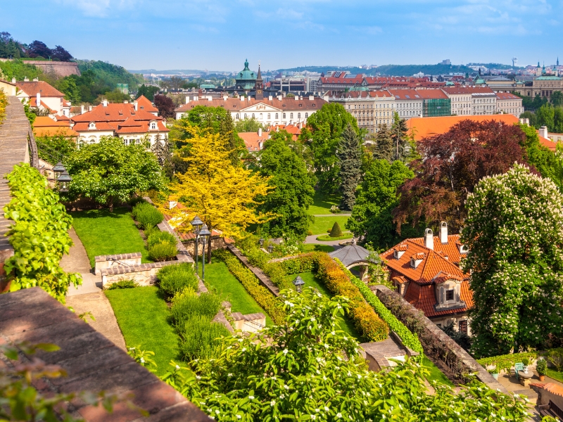An image of the castle gardens, which are terraced and look over the rooftops of Prague