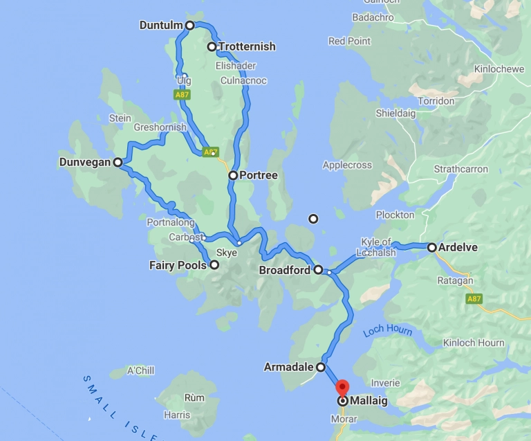 Skye road tip map with some of the best scenic drives in Scotland
